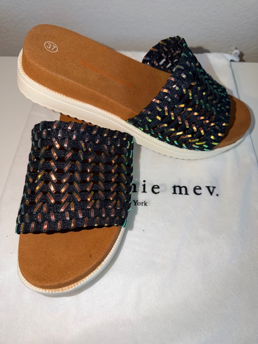 Slide Sandals with Woven Metallic Strap - Black/Multi/Plasma